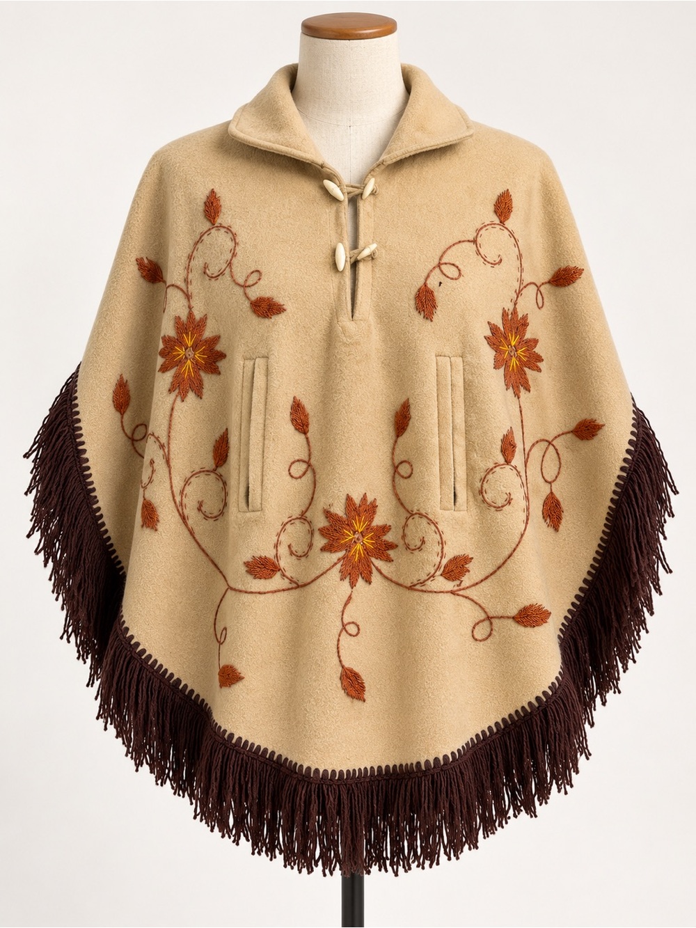 Embroidered Tan Floral Fringe Poncho - Brand